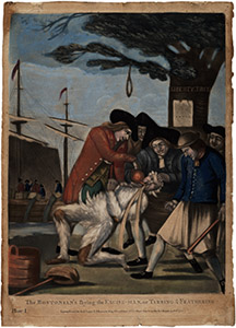 Bostonians gleefully torture Tory customs official John Malcolm in a 1774 British cartoon depicting the growing rebellion in Massachusetts. (Bridgeman Library)