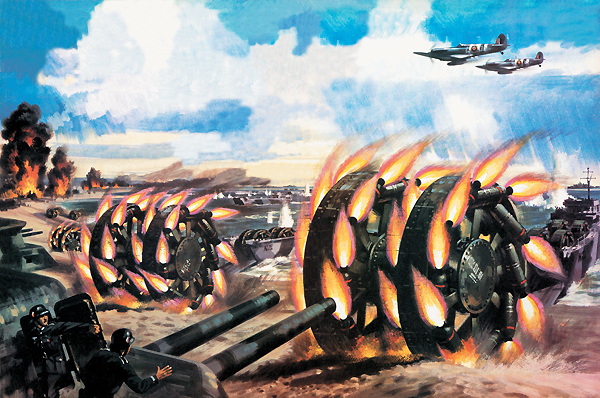 Comprising a pair of 10-foot wheels connected by a drum axle packed with 2 tons of TNT, the rocket-propelled Great Panjandrum would launch from landing craft and blast holes into German shore defenses—in theory anyway. (Conceptual illustration by Wilf Hardy/©Look and Learn/The Bridgeman Art Library)