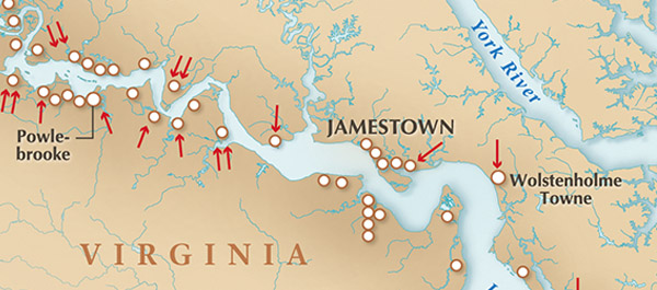 By the 1620s the English presence along the lower James encroached heavily on the territory of tribes in the Powhatan Confederacy. Powhatan chieftains kept a wary eye on the interlopers. (Map by Baker Vail; Source: Powhatan’s World and Colonial Virginia, by Frederic W. Gleach)