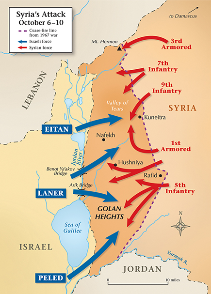 Early in their attack, the Syrians captured a critical Israeli post on Mt. Hermon. The IDF soon hustled scores of tanks to the front. Divisions led by Generals Rafael Eitan, Dan Laner, and Moshe Peled halted the Syrian advance, then countered with an attack across the Purple Line. Syria suffered devastating losses in the Valley of Tears. (Baker Vail)