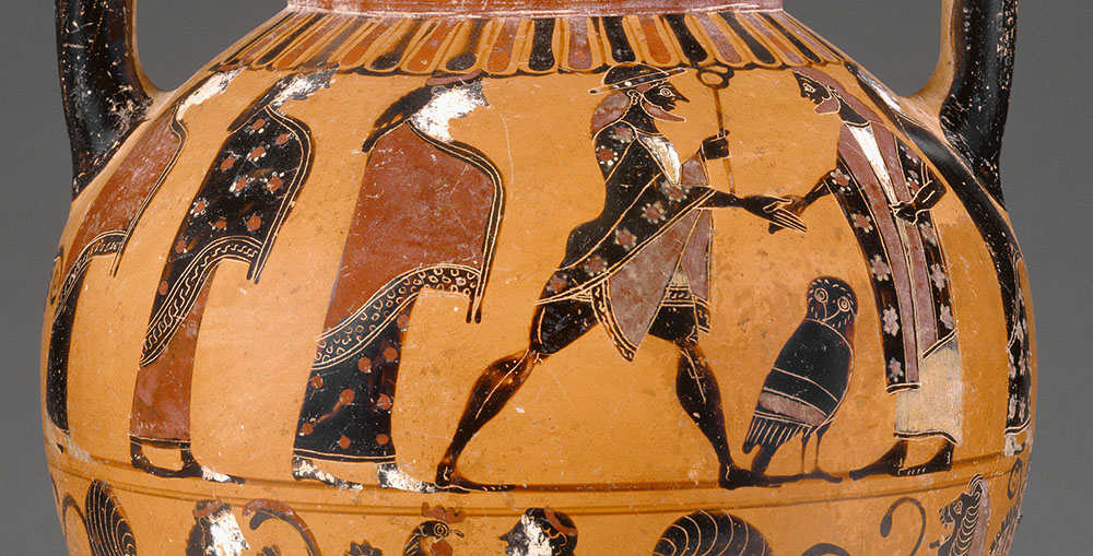 Paris, prince of Troy and son of King Priam, (with scepter) shakes hands with Hermes, accepting his fate to judge the most beautiful of the goddesses. Aphrodite wins the contest by offering Helen (the wife of Menelaus, king of Sparta) to Paris as a bribe, setting off the Trojan War. Amphorae, like this 6th-century-BC example, were used for storing and transporting liquids and grain. Large amphorae filled with olive oil were also given as prizes during games and athletic competitions. (The J. Paul Getty Museum, Villa Collection, Malibu)