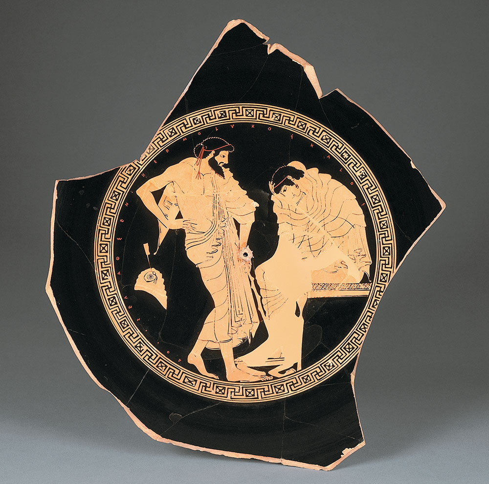 Achilles withdrew from battle after his compatriot Agamemnon insisted on claiming Briseis, Achilles’ “prize bride.” Another Greek hero, Odysseus (left), motivated by battlefield losses in Achilles’ absence, tries to convince the sulking hero to fight. This 4th-century-BC fragment of a kylix may have come from a vessel used in a wine-drinking game called kottabos. (Douris, painter/Kleophrades, potter/The J. Paul Getty Museum, Villa Collection, Malibu)