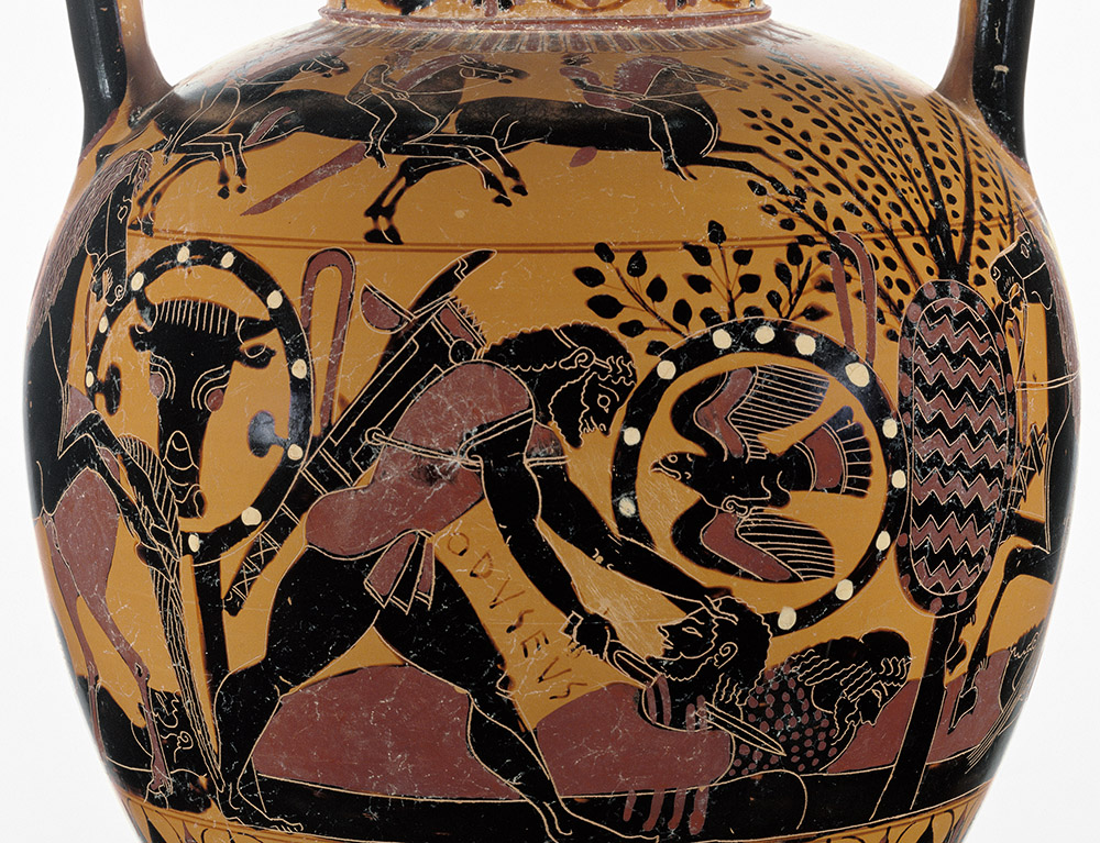 This 6th-century-BC amphora shows Odysseus as he slits the throat of a Thracian warrior during a night raid on a Trojan encampment. Odysseus and Diomedes were sent on a mission to steal the horses of Rhesos, the Thracian king. (The Inscription Painter/The J. Paul Getty Museum, Villa Collection, Malibu)