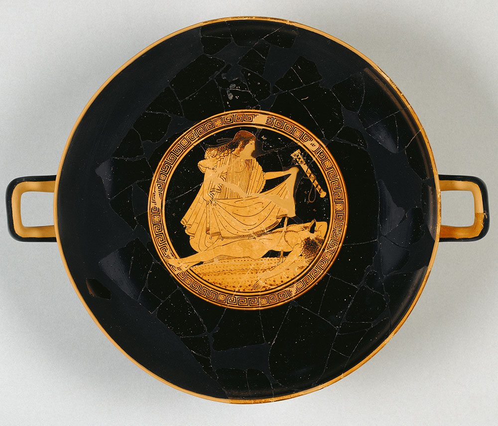 After the death of Achilles, Ajax and Odysseus quarrel for his armor, which is eventually awarded to Odysseus. Shamed by his loss, Ajax commits suicide. This 5th-century-BC kylix shows Tekmessa, Ajax’s lover, rushing to cover his dead body. (Brygos Painter/The J. Paul Getty Museum, Villa Collection, Malibu)