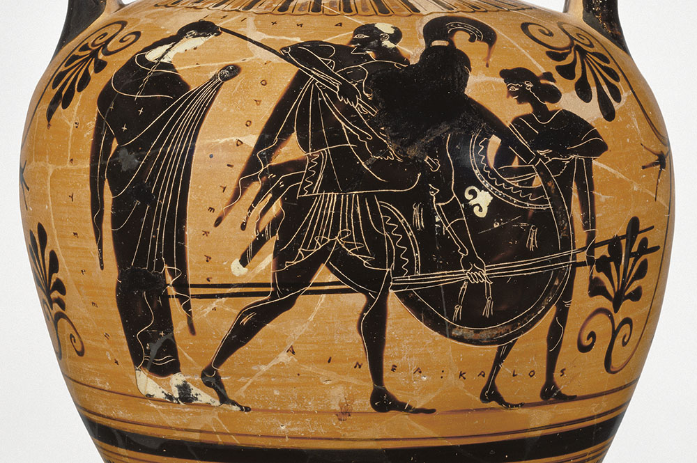 Aeneas, the Trojan hero and legendary founder of Rome, carries his father, Anchises, to safety during the sack of Troy. The goddess Aphrodite, Aeneas’s mother, waves sorrowfully to the group, which is lead by Aeneas’s son Ascanius. The painter of this 6th-century-BC amphora labeled all the people and included commentary on their beauty. (Leagros Group/The J. Paul Getty Museum, Villa Collection, Malibu)