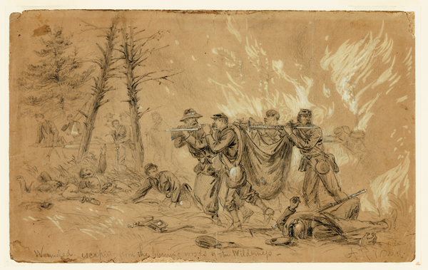 Wounded escaping from the burning woods of the Wilderness battle. (Alfred R. Waud/Library of Congress)