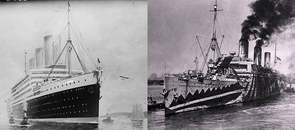 The 950-foot-long German-built ocean liner Vaterland, at left in 1913, during its brief glory days as flagship of the Hamburg-American Lines, and at right in dazzle paint after being impounded and impressed into American service as the troop ship Leviathan in 1918. CLICK PHOTO FOR GALLERY. (Left: Bain News Service/Library of Congress; Right: Glasshouse Images/Alamy)