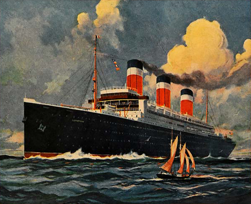 Refurbished at great expense to ocean liner configuration after the war, Leviathan sports the red, white, and blue smokestacks of the new United States Line as it resumes its civilian career in the 1920s. (Library of Congress)