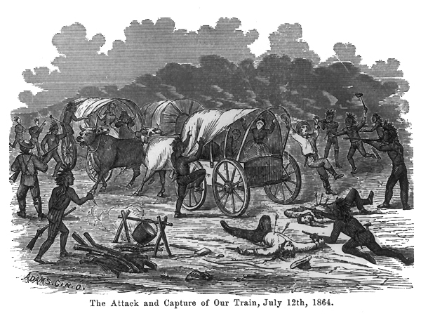 An engraving from Fanny Kelly's 1871 "Narrative of My Captivity Among the Sioux Indians" depicts the wagon train attack in which she was taken. Two months later she communicated Sioux demands — and her own desperate plea — to the holed-up emigrants at Fort Dilts. (Library of Congress)