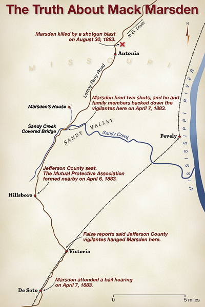 Marsden and family backed down a would-be lynch mob near the Sandy Creek covered bridge, but his troubles didn't end there. (Map by Joan Pennington; home page portrait of Marsden courtesy of Teri Rae Round)