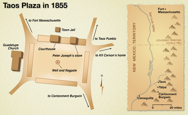 Company F was stationed at Cantonment Burgwin, but the uprising erupted in Taos Plaza. Map by Joan Pennington.