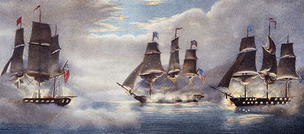 Constitution (center) engages Levant and Cyane in February 1815. An American officer reported that Cyane had taken on five feet of water and was listing badly when its colors were struck. Levant's hull, he added, was "pretty well drilled and her deck a perfect slaughter house." (Navy Art Collection, Naval History and Heritage Command, Washington, DC)
