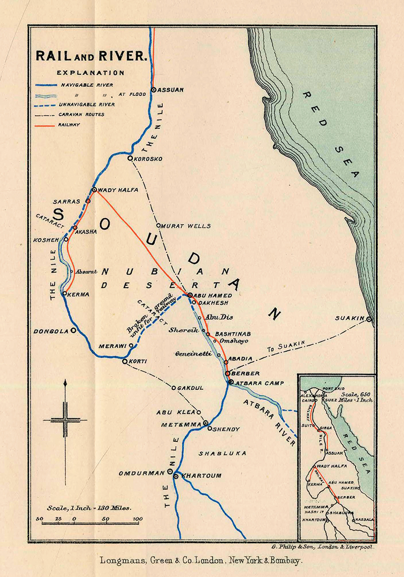 For three years Kitchener's expeditionary force inched south, following the Nile upriver and extending a rail line for the sole purpose of resupply. (The River War: An Historical Account of the Reconquest of the Soudan, 1899)