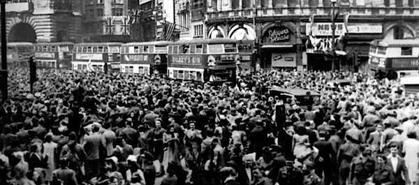 Piccadilly Square on V-E Day, May 8, 1945; photographed by Sgt. James A. Spence.